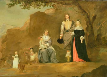 Familiengruppe mit Hund und Ziege in einer bergigen Landschaft